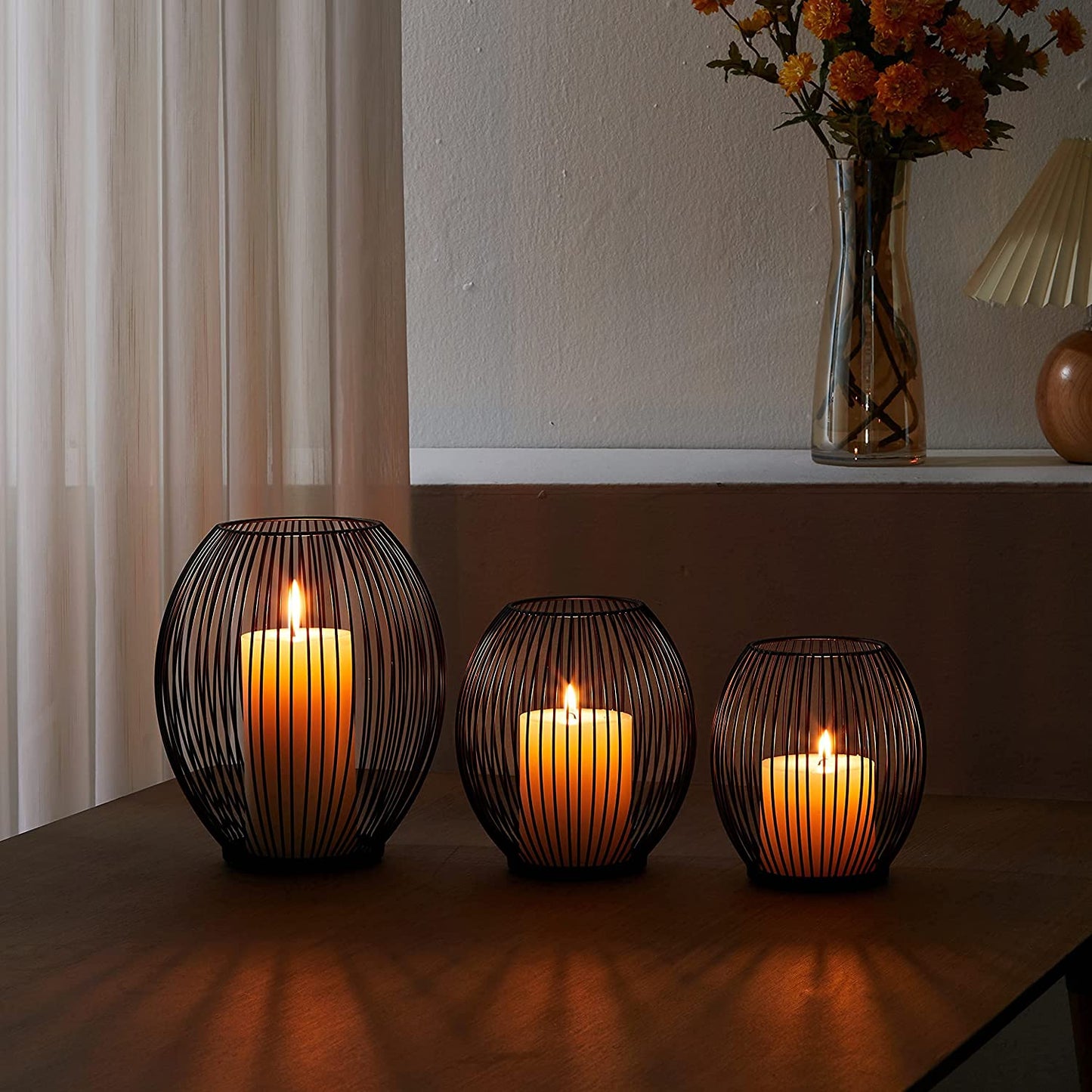 Outdoor Candle Holder Decor Set - Black Candle Holder - Candles Holders for Table Centerpiece - Hurricane Candles Holder for Pillar Candles Cage Candle Holders Black Wire Decorative